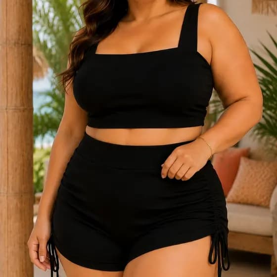 Conjunto Plus Size Suplex Feminino Cós Alto Praia