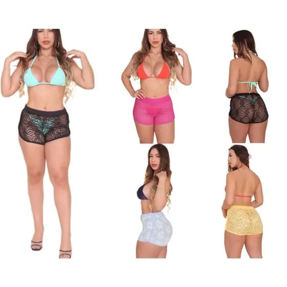 5 Kit Arrastão Shorts de Renda para Praia Lindas Cores