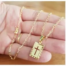 Corrente Masculina 2mm 70cm Com Pingente De Cruz Banhados a Ouro 18k