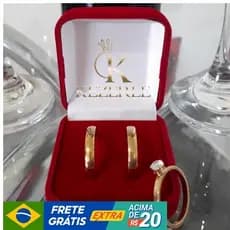 Par De Aliança + Anel + Estojo Aço Folheado a ouro 18k 4mm Casamento Noivado