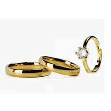 Par de Alianças 4mm Anatômicas Mais 1 Anel Solitário de Aço Inoxidável Banhado a Ouro 18K