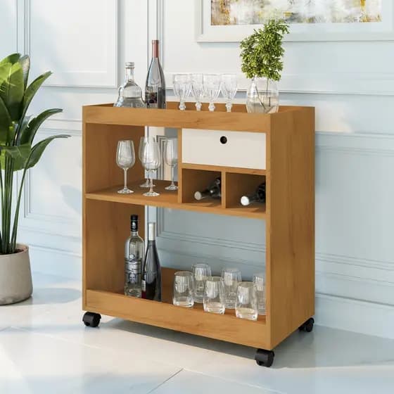Aparador Bar com Adega Rodízios Gaveta 2 Lados Nichos Sala Cozinha 70cm