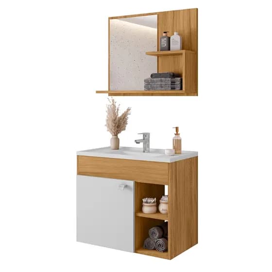 Gabinete para Banheiro Gênova 55cm com Espelheira e Cuba em Mármore Sintético 100% MDF
