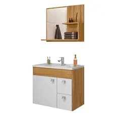 Gabinete para Banheiro Pequim 55cm com Espelheira e Cuba Mármore Sintético 2 Gavetas MDF
