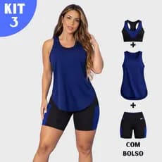 KIT 3 Peças Conjunto Fitness Completo Feminina Top Short Regata Dry Fit Academia Tarelles