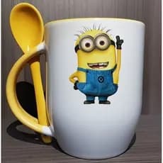 Caneca Porcelana Com Nome Minions Kevin Com Colher Colorida 340ml 325ml - Presente Personalizado