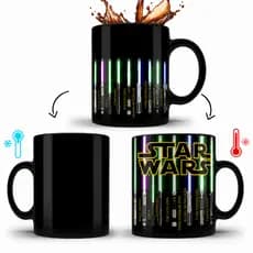 Caneca Porcelana Mágica Preta Star Wars Espadas Envio Imediato Oferta 325ml - Presente Personalizado