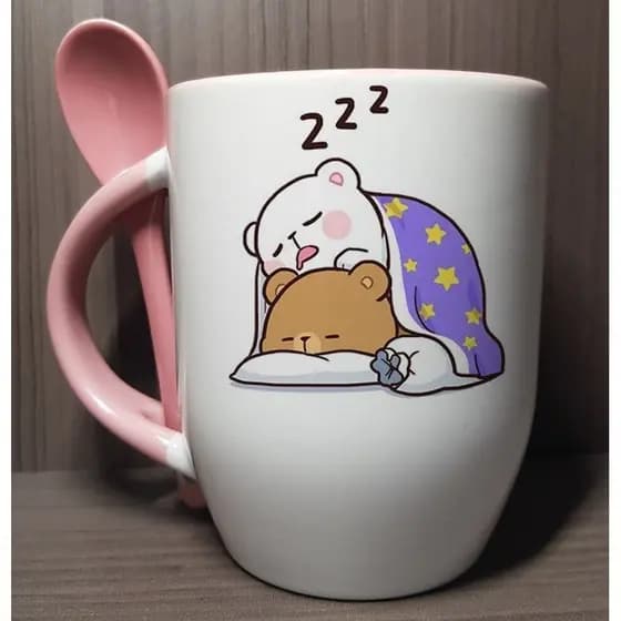 Caneca Porcelana Com Nome Mocha And Milk Dormidos Com Colher Colorida 340ml 325ml - Presente Personalizado