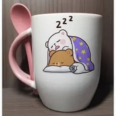Caneca Porcelana Com Nome Mocha And Milk Dormidos Com Colher Colorida 340ml 325ml - Presente Personalizado