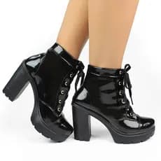 Bota Coturno Salto Alto Grosso Preto Verniz