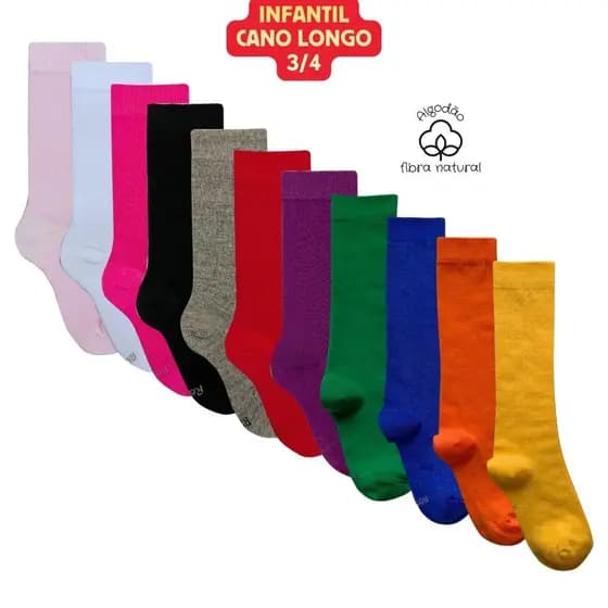 Meia 3/4 Infantil Algodão Cano Longo Colorida Lisa Escolar