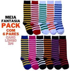 Pack 6 Pares de Meias Infantil 3/4 Cano Longo Listrada Fantasia Natal