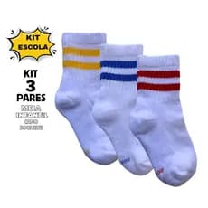 Kit 3 Pares Meia Infantil Cano Soquete Atoalhada Escola