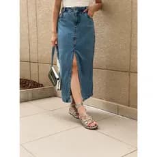 Saia jeans  cintura alta Fenda no meio, casual, elegante, simples e elegante,  sem lycra, comprimento 90  cm