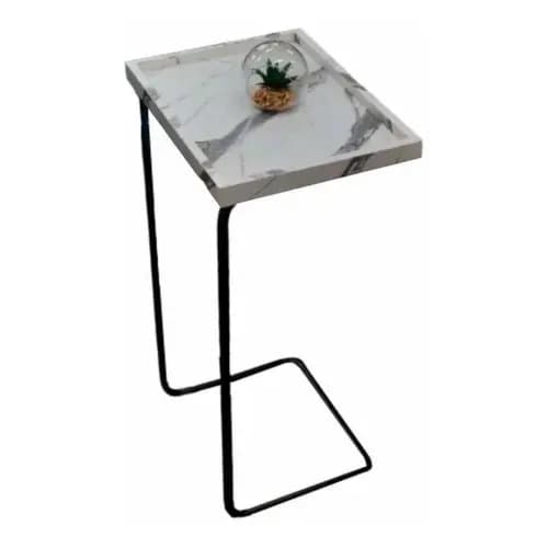 Apoio Lateral Sofá Marmorizada Granito Bandeja Porta Copos Base Metal Preta Decoração Sala