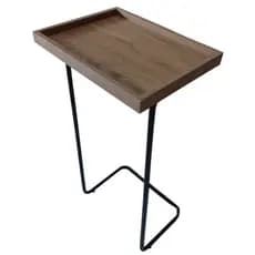 Mesa Apoio Lateral Sofá Madeira Bandeja Porta Copos Base Metal Preta Decoração Sala