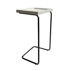Mesa Apoio Lateral Sofá Branca Bandeja Porta Copos Base Metal Preta Decoração Sala