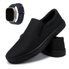Sapatenis Preto Casual Slip On Babuche Unissex Masculino e Feminino Confortável e Barato + Relógio
