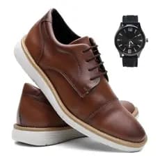 Kit Sapato Social Oxford Masculino de Couro Italiano Casual Elegante Fino Confortável + Relógio