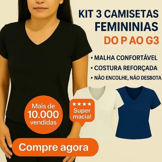 kit 3 Baby look camiseta feminina básica algodão-plus size