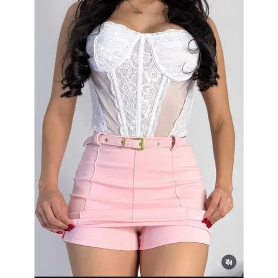 Short Saia Feminino Neoprene com Cinto Cintura Alta -