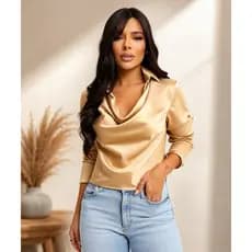 Blusa Feminina Manga Longa Acetinada Gola Boba Elegante Social Trabalho