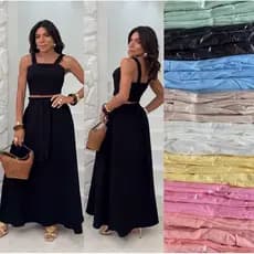 Conjunto Feminino Cropped e Saia Midi Sensorial Elegante Confortável Cores Variadas