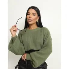 Blusa Tricô Feminina Manga Bufante Inverno Moda Blogueira Tricot Canelado
