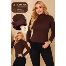 Blusa Gola Alta Feminina Flanelada Canelada Manga Longa Inverno Segunda Pele Quentinha Casual Elegante