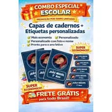 Combo Escolar Personalizado com Foto | 70 Etiquetas + 3 Capas de Caderno | Frete Grátis