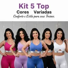 KIT 5 Top Fitness Elastico Feminino Com Bojo Removível Poliamida Reforçado Academia, Treino e Dia a Dia