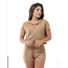 Pijama Baby Doll Americano Canelado Curto Botão