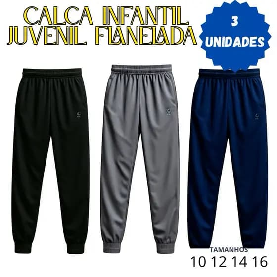 kit 3 calça Infantil Juvenil Menino Com Bolsos Flanelada Moletom - escola, passeio, casual