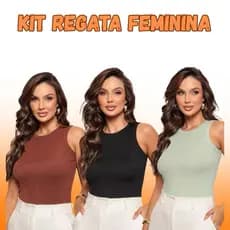 Kit 3 Regata Básica Feminina Canelada Ribana Algodão com Elastano Casual dia a Dia