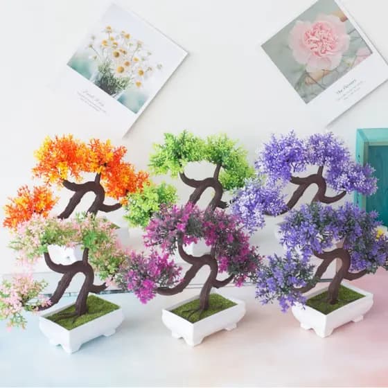 (Flores + Vasos) Bonsai Artificial Verde Planta Falsa Decoração De Casa Artificiais