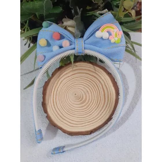 Tiara arco menina infantil/Tiara laço em pé jeans/Tiara pompom/Arquinho infantil