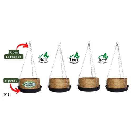 Kit 4 Vasos Xaxim Ecológico Fibra De Coco, N3 (21cmx11cm) C/ Corrente E Prato - Agrofor
