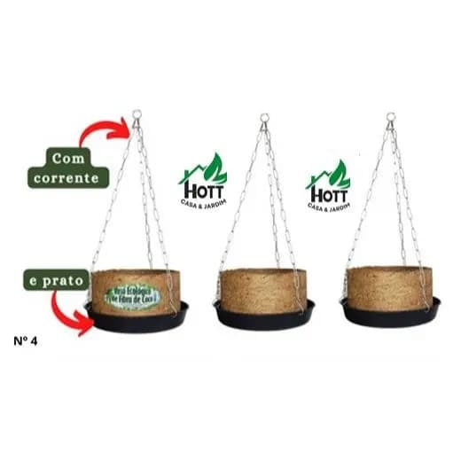 Kit 3 Vasos Xaxim Ecológico Fibra De Coco, N4 (26cmx13cm) C/ Corrente  E Prato- Agrofor