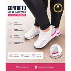 TENIS FEMININO CASUAL CONFORTAVEL BRANCO DETALHE ROSA ACADEMIA TREINO CAMINHADA LEVE TRABALHO DIA A DIA