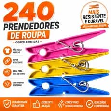 Kit 60 a 240 unidades Prendedor Pregador de Roupas Plástico Reforçado – Cores Sortidas – Varal