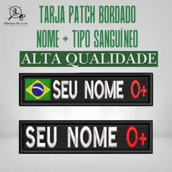 Tarja Patch Bordado Velcro — Nome + Tipo Sanguíneo (2,5 x 12,5 cm)