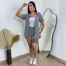 Conjunto Feminino Plus Size G2 Listrado E Liso Tecido Duna