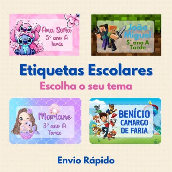 Etiquetas Escolares Vários Temas | Volta às Aulas | Material Escolar | Etiqueta para Lápis Caneta Caderno