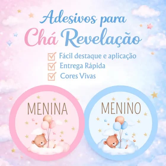 Adesivos Chá Revelação Menino ou Menina | Para Roupa ou Decoração | Urso balão | Tamanho 4x4 cm