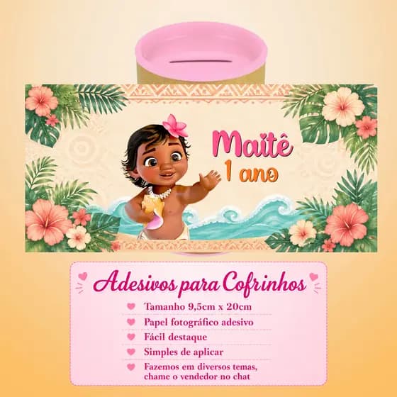 Rótulo Adesivo para Cofrinho Moana Baby | Festa Infantil | Aniversário | Lembrancinha