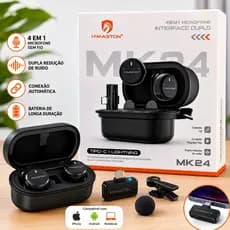 Microfone Sem Fio Duplo H’Maston MK24 Tipo-C e Lightning para iPhone Android Notebook com Redução de Ruído
