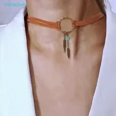 [lLinshgjkuB] Gargantilha Feminina Boêmia Boho Pena Pingente De Contas Corrente De Couro Marrom Nelace Moda Joias Presen