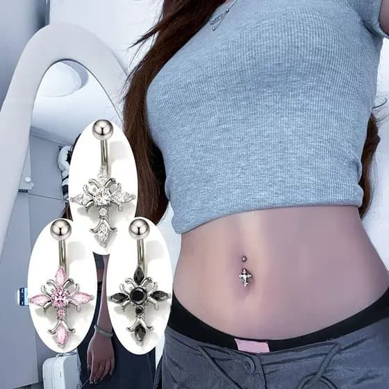 Decorador Cruz Cristã Umbigo Piercing Jóias 14G Titânio Barbell Mulher Homem Acessórios Religiosos Ouro Prata Cor Anéis