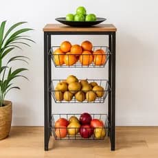 Fruteira de Chão Amadeirado Cestos Removíveis Suporta 50Kg Preto Fosco Aço