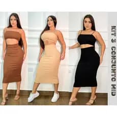 KIT COM 3 CONJUNTO  SAIA  MID + TOP TOMARA QUE CAIA
